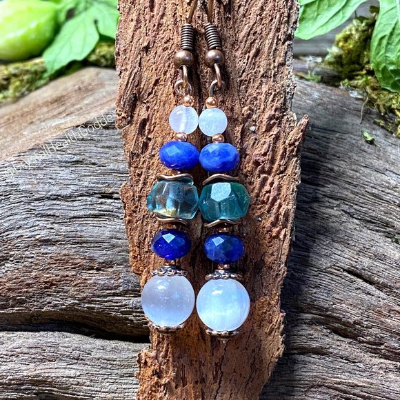 Selenite Blue Fluorite Sodalite Copper Earrings - Picture 3 of 8